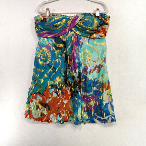 Vintage Xscape Dress Women 14 Blue Gold Metallic Y2K Silk Chiffon Mini Fit Flare - Picture 1 of 12